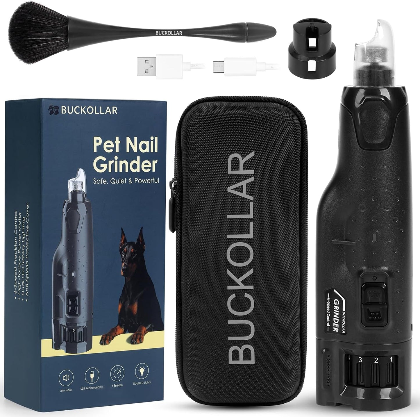 6-Speed Quiet Dog Nail Grinder with LED Light, Low-Vibration Electric Pet Nail Trimmer for Dogs and Cats, Safe Grooming Kit for Beginners, Complete Set with Storage Case